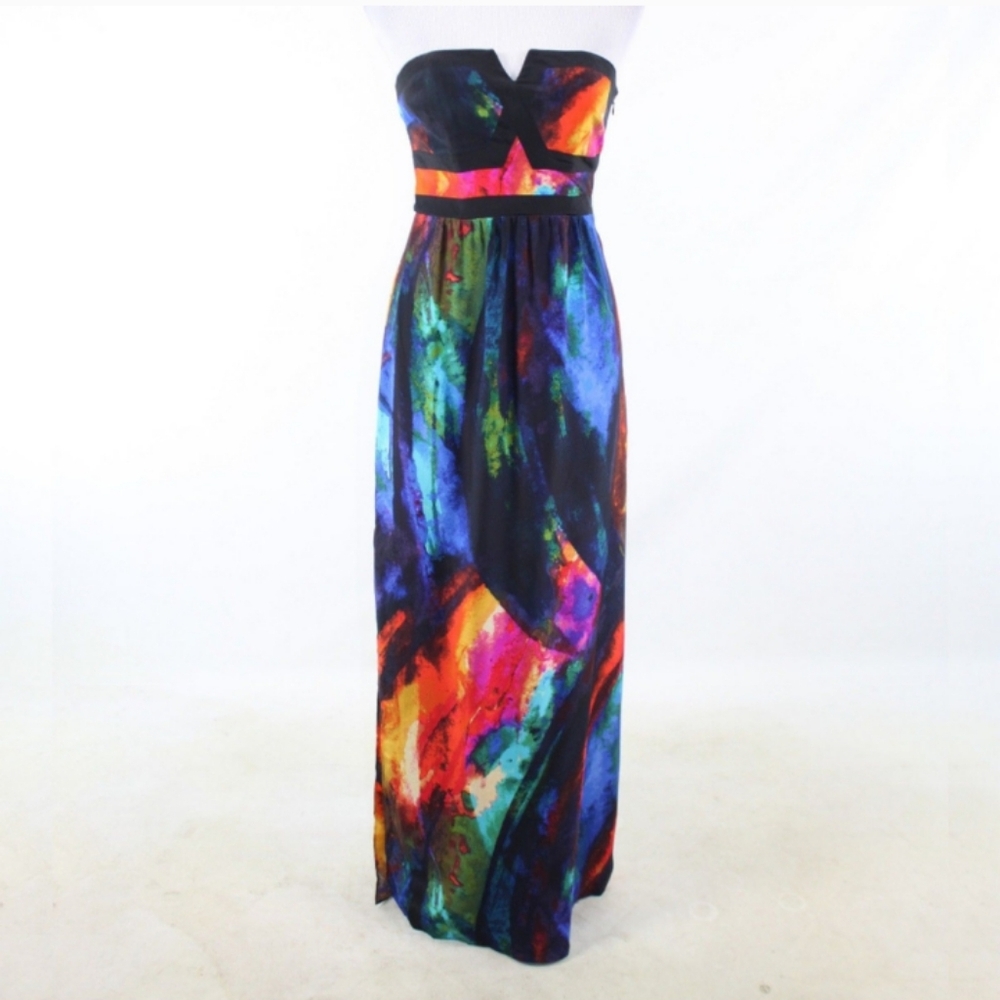 Alice & Trixie Valeria Silk Watercolor Strapless Maxi Gown Dress Small - Picture 2 of 14